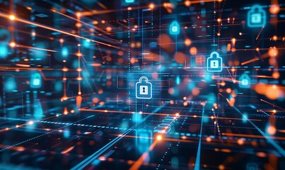 Obraz premium A high-tech grid background with flowing data streams and security icons, emphasizing robust incident response and safeguarding digital assets
