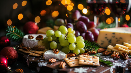 a festive holiday cheese board, featuring a variety of cheeses, grapes, nuts, and crackers