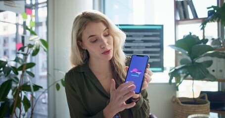 Meeting, video call and woman with smartphone app for business proposal, review and presentation. Phone, screen and developer with virtual conference for software development, ux pitch and idea