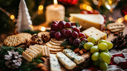 a festive holiday cheese board, featuring a variety of cheeses, grapes, nuts, and crackers