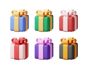3D gift box set isolated. Render Collection of colorful wrapped box. Christmas, new year, sale, shopping. Present box with bows ribbons. Giftbox for valentine, birthday, holiday. Vector illustration