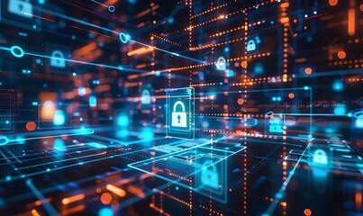 A high-tech grid background with flowing data streams and security icons, emphasizing robust incident response and safeguarding digital assets