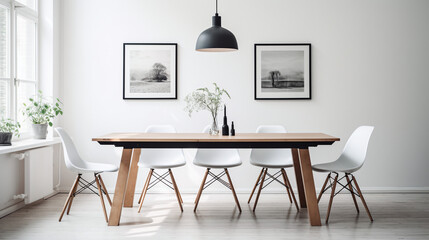Minimalist Dining Room with White Furniture and Black Accents
