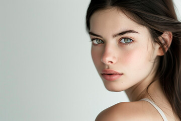Fototapeta premium Young woman with natural beauty looking over her shoulder. Minimalist background offers copy space