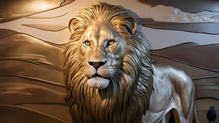 Beautiful lion 3d relief wallpaper. Mural wallpaper. Wall art.