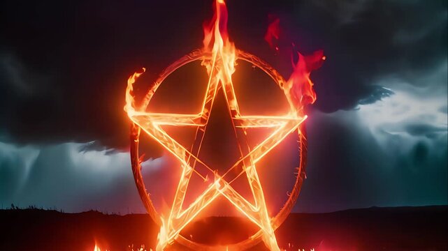 Witchcraft pentagram on fire satanic at night dark sky
