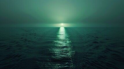 Green sunset over a vast, misty ocean. Concept of mystery, nature, serenity, environment