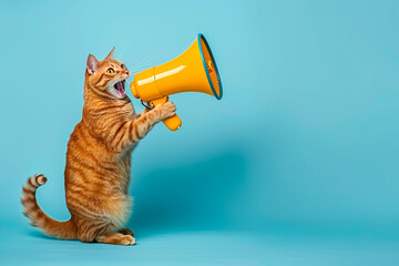 A cat holding a yellow megaphone against a bright blue background. The scene is humorous and whimsical with ample copy space