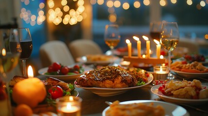 A festive holiday dinner table beautifully set with candles, decorations, and an array of diverse foods, reflecting joy, togetherness, and holiday traditions.