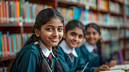 group of tamil female school students in uniform studying in library.generative ai