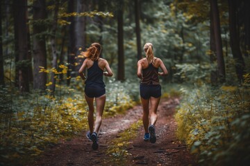 Friends jogging together on a forest trail. Healthy life style concept.