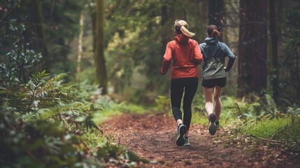 Friends jogging together on a forest trail. Healthy life style concept.