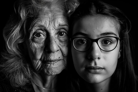Black and white portrait of an elderly woman and a young girl, showing generational contrast