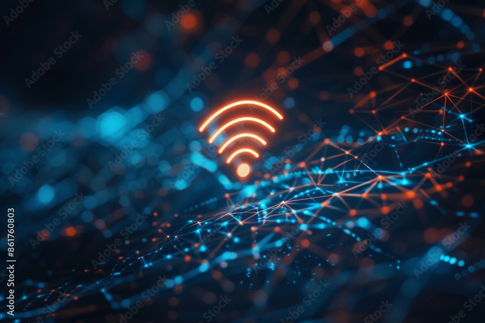 Poster a vibrant digital network displaying glowing wifi symbol and complex connections in futuristic desig