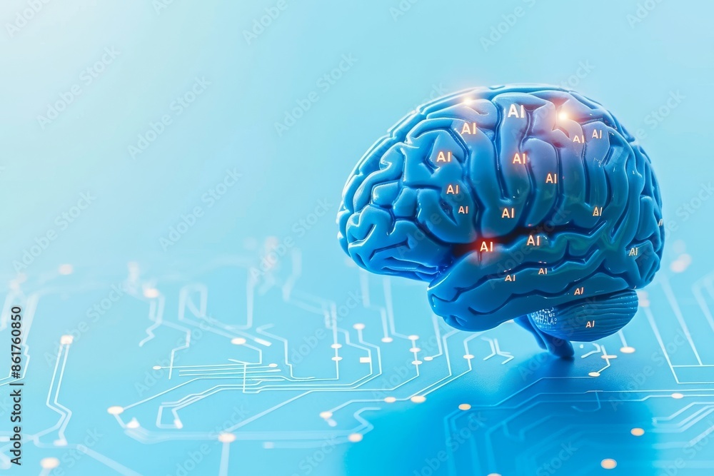 Poster glowing digital brain on blue background representing artificial intelligence and innovative technol
