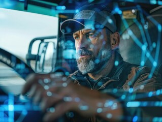 Truck driver analyzing telemetry data on transparent digital screen