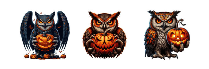 Fototapeta premium Illustration of horror Owl Holding Pumpkin, Halloween Day special set of against Transparent background