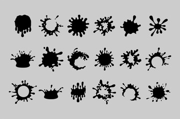 Vector set of liquid blots from a mug and glass. Monochrome silhouettes of blots, drops and splashes of liquid for use in packaging design, wrapping paper, menus and social media design.
