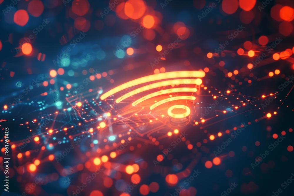 Poster a vibrant digital network displaying glowing wifi symbol and complex connections in futuristic desig