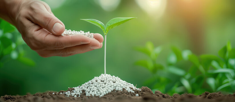 Farmer hand pouring plant chemical urea fertilizer over green background