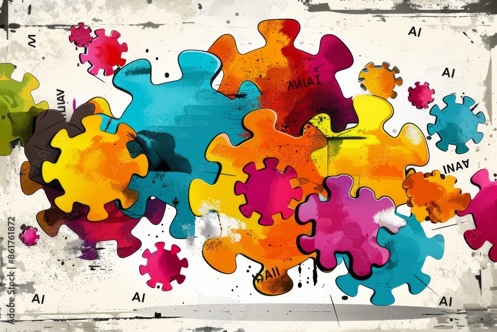 Poster colorful puzzle pieces with ai text on white background representing artificial intelligence and cre