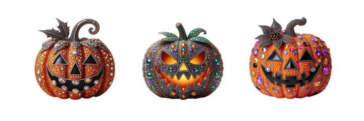 Fototapeta premium Bedazzled spooky pumpkin decoration/ ornament for Halloween, Halloween Day special set of against Transparent background