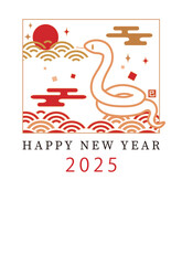 ヘビと富士山のイラスト入りの 2025年の年賀状 和風  日本