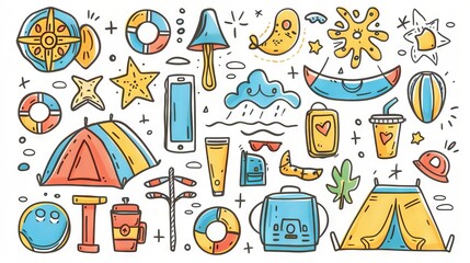 Fototapeta premium The image is a hand-drawn illustration of various summer items