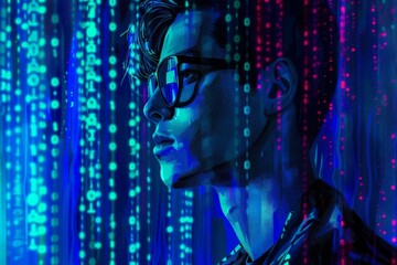 Cyberpunk-Inspired Portrait of a Man with Neon Digital Code Background