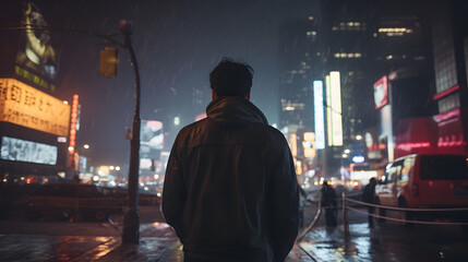 Obraz premium Man Walking in a Rainy City at Night with Bright Lights