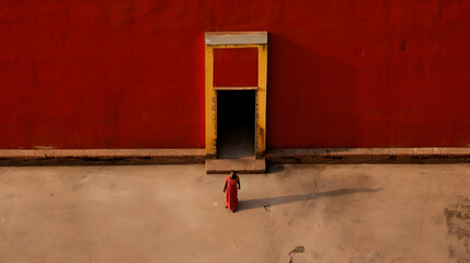 Red Door on a Rustic Wall with a Matching Red Ladder