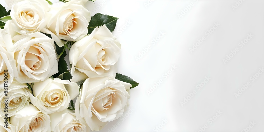Poster designing a website header with white rose bouquet on white background. concept web design, header d
