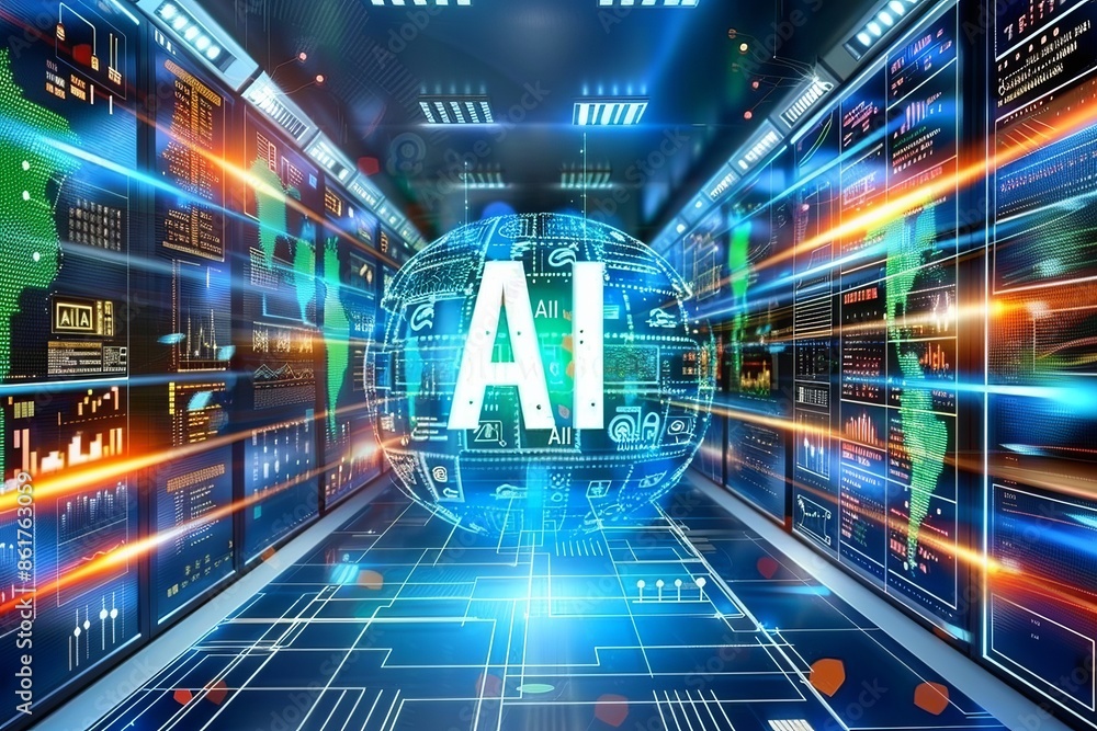 Poster glowing ai symbol on circuit board representing advanced artificial intelligence technology and inno