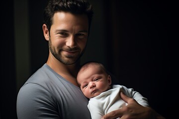 Obraz premium Father holding newborn baby in dark background