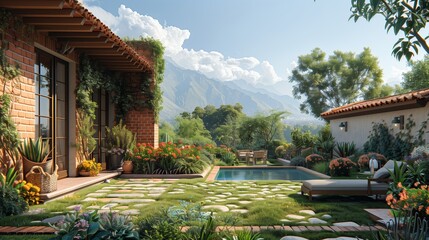 Obraz premium Brick House Patio With Swimming Pool And Mountain View
