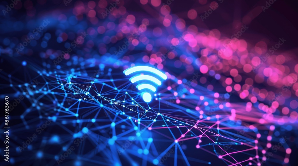 Poster visual representation of wifi connectivity, featuring network nodes and neon blue light effects in a