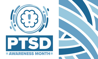 PTSD Awareness Month in June. Post Traumatic Stress Disorder. Celebrated annual in United States. Medical health care and awareness design. Poster, card, banner and background. Vector illustration