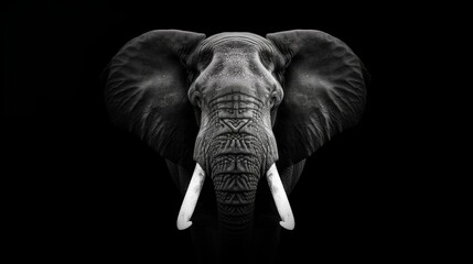 Hyper-realistic black and white photo of a majestic elephant's head, viewed from the front, intricate details and textures, all black background
