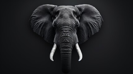 Fototapeta premium Hyper-realistic black and white photo of a majestic elephant's head, viewed from the front, intricate details and textures, all black background