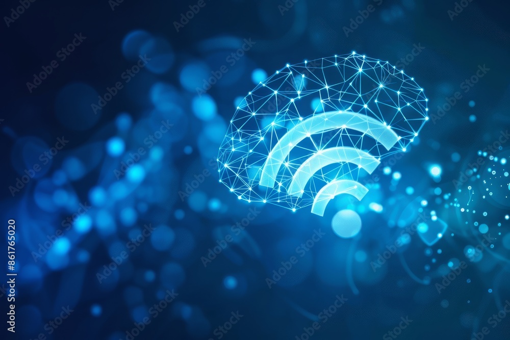 Poster visual representation of wifi connectivity, featuring network nodes and neon blue light effects in a