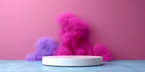 Vibrant Pink Smoke Rising from White Circular Podium on Pastel Background