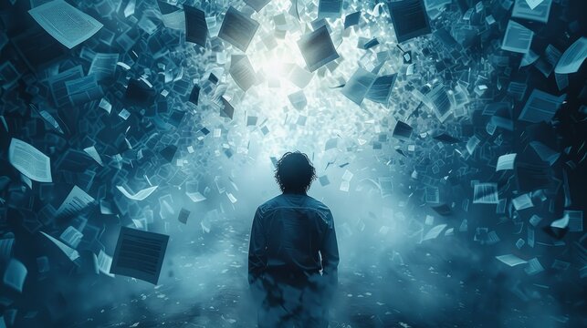 A human silhouette surrounded by floating English letters and documents.