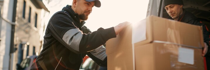 Movers carefully unload boxes from a delivery truck on a city street