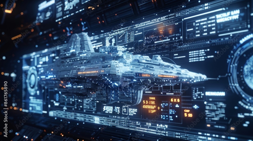 Poster a large holographic display projects a virtual model of the space station providing a detailed break