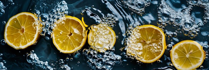 A closeup photograph showcasing vibrant lemons submerged in water, capturing their freshness and highlighting the bubbles around them