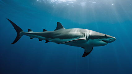 Obraz premium A large hammerhead shark is swimming in the ocean. The shark is surrounded by sunlight, which creates a beautiful and serene atmosphere