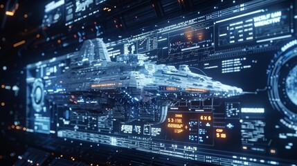 Fototapeta premium A large holographic display projects a virtual model of the space station providing a detailed breakdown of its structure and infrastructure all powered by 6G technology.