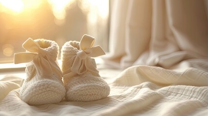 A symbol of new beginnings Two tiny baby shoes, tied with a delicate bow, represent the arrival of a new life