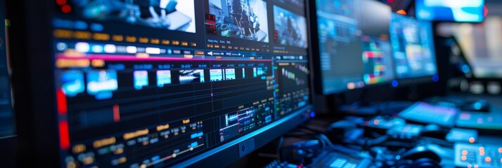 Obraz premium Close-up view of a video editing studio with dual monitors displaying footage and editing software interfaces, showcasing the details of editing process