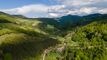 View of the green mountains and hills at sunset. Beautiful summer landscape. Zlatibor, Serbia